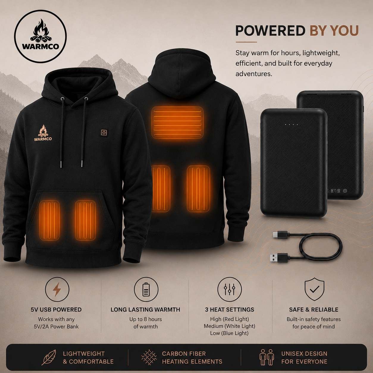 WARMCO Premium Heated Hoodie - Premium warmth without the bulky layers